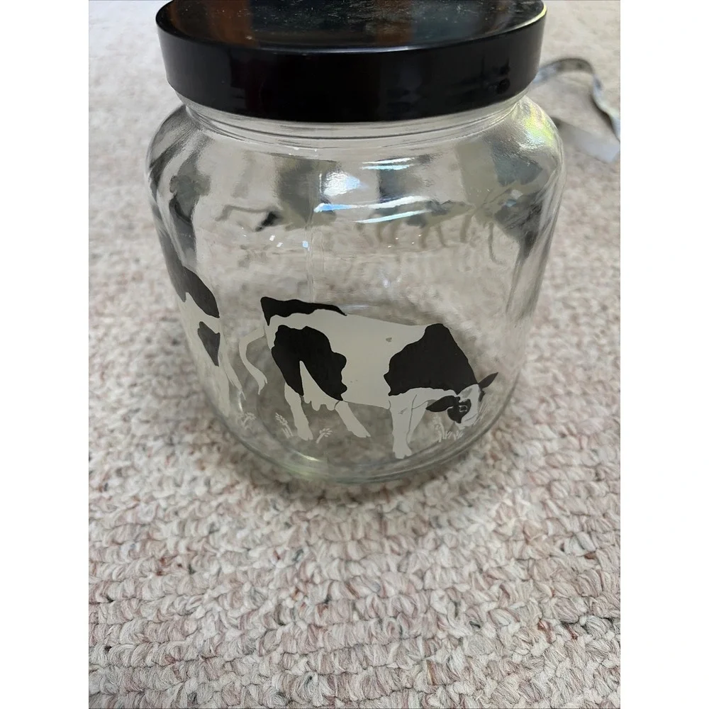 Vintage Holstein Cow Glass Cookie Jar Canister with Black Lid Farmhouse Decor